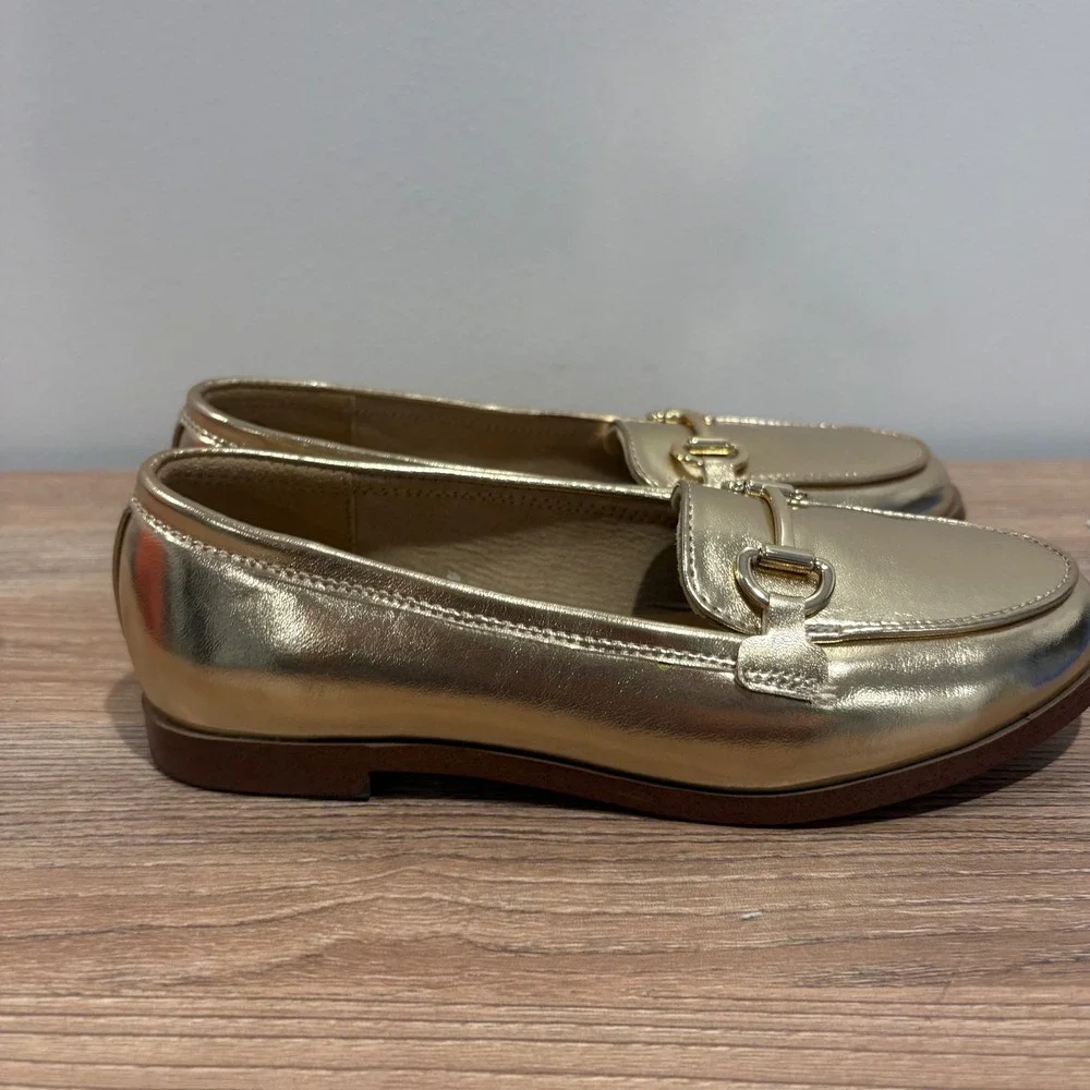 J.Crew Metallic Gold Bit Loafers Kids Gold size 2 Horsebit Flat Dress Shoes